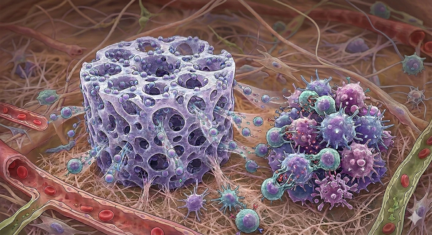 Illustration of the porous SymphNode scaffold in tissue, releasing immune signals as T cells and dendritic cells move toward and attack a nearby tumor.